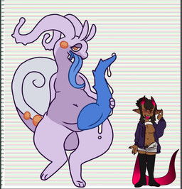 anthro aroused big_penis blush bodily_fluids chart cum duo female genital_fluids genitals height_chart interspecies macro male male/female overweight overweight_male penis size_difference tail thick_thighs wide_hips lilmeowmeow_senpai nintendo pokemon gooey_(lilmeowmeowsenpai) sylo_(lilmeowmeowsenpai) demon demon_humanoid generation_6_pokemon goo_creature goodra humanoid mammal pokemon_(species) absurd_res hi_res