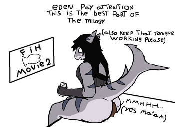anthro blush can container cunnilingus dialogue dominant dominant_anthro dominant_female duo face_in_ass facesitting female holding_object humor larger_female male male/female oral sex simple_background sitting sitting_on_another size_difference submissive submissive_human submissive_male text vaginal watching_movie xerg-7 eden_(xerg-7) kara_(xerg-7) aquatic fish human mammal shark english_text