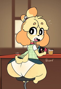 anthro big_butt black_eyes black_nose blush blush_lines bodily_fluids bottom_heavy bottomwear butt clothed clothing collar eyelashes female fur furniture green_bottomwear green_clothing green_skirt green_topwear green_vest holding_console huge_butt looking_back open_mouth orange_body orange_fur panties pattern_clothing pattern_topwear pattern_vest rear_view sitting skirt snaggle_tooth solo stool stool_breaking sweat sweaty_butt tail tail_motion tail_under_skirt tail_upskirt tailwag topwear underwear upskirt vest white_body white_clothing white_fur white_panties white_topwear white_underwear yellow_body yellow_fur glazeddd animal_crossing nintendo nintendo_switch isabelle_(animal_crossing) canid canine canis domestic_dog mammal shih_tzu toy_dog