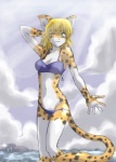 anthro bikini biped blonde_hair clothed clothing female hair midriff navel one_eye_closed skimpy solo spots standing swimwear tail two-piece_swimsuit jumpyneko cheetah felid feline mammal