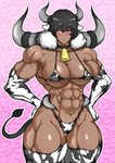 abs animal_print armwear bell bell_collar biceps big_muscles bikini black_hair breasts brown_body brown_skin cleavage clothed clothing collar cow_print deltoids ear_piercing elbow_gloves female gloves hair handwear horn huge_muscles hyper hyper_muscles legwear muscular muscular_female navel piercing pink_eyes quads swimwear thigh_highs triceps two-piece_swimsuit pinkdiablo animal_humanoid bovid bovid_humanoid bovine bovine_humanoid cattle_humanoid humanoid mammal mammal_humanoid 2020 absurd_res hi_res