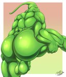 anthro backsack balls big_balls big_butt bubble_butt butt butt_focus flaccid genitals green_arms green_balls green_body green_chest green_fingers green_head green_legs green_penis holding_leg_up huge_butt looking_at_viewer looking_back looking_back_at_viewer male muscular muscular_male penis rear_view slime smile smiling_at_viewer solo brick_break_after_dark league_of_legends riot_games tencent zac_(lol) goo_creature 2025 absurd_res hi_res