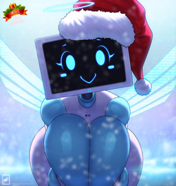 big_breasts breasts christmas_clothing christmas_headwear clothing electronics female hat headgear headwear holidays huge_breasts looking_at_viewer machine monitor screen screen_face snow solo text walter_sache christmas pc_bot_(walter_sache) humanoid robot robot_humanoid 2021 absurd_res digital_media_(artwork) hi_res