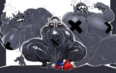 abs areola big_breasts black_areola black_eyes bone breasts chain clothing collar duo eyes_closed female genitals gloves grey_body handwear hat headgear headwear heart_symbol huge_breasts looking_at_viewer lying male muscular muscular_female muscular_humanoid nipple_tape not_furry on_back open_mouth overalls pasties sharp_teeth spiked_collar spikes tape teeth tongue tongue_out vulva choday mario_bros nintendo gigi_(thecoatl034) mario chain_chomp human humanoid mammal absurd_res hi_res