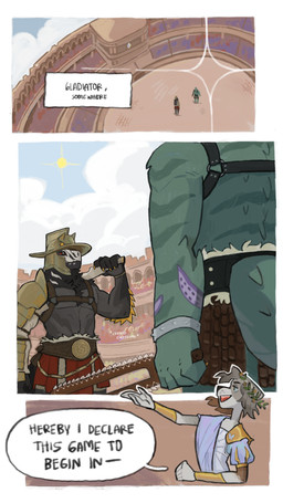 anthro arena arm_feathers arm_tattoo armor black_body black_feathers clothed clothing crowd cyrus_(saint_sol) dialogue duo emperor facial_markings feathers fur gladiator golden_claws green_body green_skin group hair head_markings headgear helmet jewelry laurel_wreath looking_at_another macuahuitl male male/male markings melee_weapon multicolored_body multicolored_fur multicolored_hair neck_tuft partially_clothed public royalty scales speech_bubble sword tattoo toga tuft warrior weapon white_markings yellow_body yellow_feathers assparagus allosaurid allosauroid allosaurus canid canine crocodilian dinosaur kaprosuchus mammal prehistoric_species reptile saurischian scalie theropod absurd_res comic hi_res