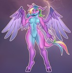 absurd_res anthro areola blue_body breasts dragon equid equine fan_character feathered_wings feathers female friendship_is_magic genitals hair hasbro hi_res hooves horn horse hybrid mammal multicolored_body multicolored_hair my_little_pony mythological_creature mythological_scalie mythology nauth nipples nude outline purple_body pussy red_eyes scalie simple_background smile solo tail two_tone_body wings