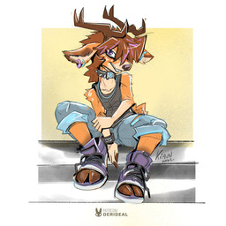 anthro antlers black_nose bottomwear brown_body brown_fur brown_hair clothing collar ear_piercing ear_ring footwear fur hair hooves horn male pants piercing pink_eyes ring_piercing scut_tail shirt shoes short_tail solo spiked_collar spikes tail tank_top topwear kiaun deer mammal 1:1 2025 hi_res