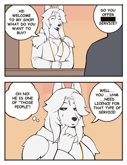 anthro black_eyebrows black_nose black_sclera breasts clothing dialogue duo eyebrows female fur hair long_hair male male/female red_tongue smile soliciting text tongue white_body white_fur white_hair yellow_eyes bonnymama7 liria_the_werewolf_saint canid canine canis human mammal wolf absurd_res comic english_text hi_res