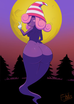 big_butt breasts butt clothing female gesture ghost_tail gloves hair hand_gesture handwear hat headgear headwear legless looking_at_viewer looking_back not_furry pink_hair purple_body solo v_sign white_clothing white_gloves white_handwear fibilis mario_bros nintendo paper_mario vivian_(mario) ghost shadow_siren spirit digital_media_(artwork) hi_res