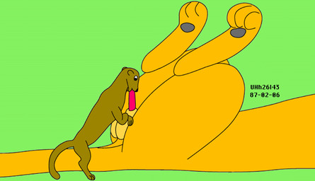 animal_genitalia balls brown_body brown_fur duo erection feral fur genitals green_background lying male male/male nude_male on_back oral orange_body orange_fur penis sheath simple_background size_difference urbanhermit felid lion mammal mustelid musteline pantherine true_musteline weasel 1987 colored dated
