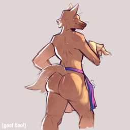 anthro apron apron_only bodily_fluids bubble bubble_butt butt butt_focus clothed clothing cum cum_bubble fur genital_fluids male orange_body orange_fur partially_clothed precum rear_view simple_background smile solo standing tail goof_floof animal_crossing nintendo crazy_redd canid canine fox mammal 1:1 2026 absurd_res digital_drawing_(artwork) digital_media_(artwork) hi_res portrait three-quarter_portrait