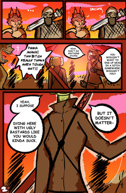 anthro clothed clothing dialogue female group horn male melee_weapon profanity speech_bubble sword tail text weapon brradett lernie_(brradett) human mammal scalie absurd_res colored comic digital_media_(artwork) english_text hi_res