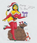 anthro belt boots breasts christmas_clothing christmas_headwear cleavage clothed clothing facial_tattoo female footwear fur gift hat headgear headwear high_heeled_boots high_heels holidays pose sack santa_hat shoes smile solo tattoo teeth_showing yellow_body yellow_fur remaninglife christmas amanda_(remaninglife) felid lion mammal pantherine hi_res pinup traditional_media_(artwork)