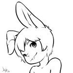 anthro bangs buckteeth hair head_tilt looking_at_viewer male short_hair smile solo teeth three-quarter_view young aogami robby_bunny lagomorph leporid mammal rabbit 2016 black_and_white bust_portrait dated line_art low_res monochrome portrait signature