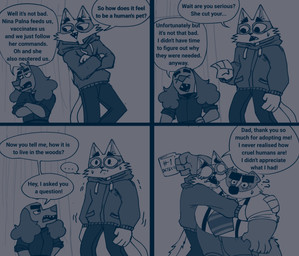 accessory anthro bodily_fluids bottomwear clothing crying dialogue duo hoodie male necktie overweight overweight_male pants shirt size_difference tears text topwear bencomedion beastly_crimes beastly_crimes_(2024) badgercat chief_badger count_(beastly_crimes) canid canine canis domestic_cat domestic_dog felid feline felis mammal 2026 comic english_text hi_res