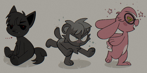 alternate_species ambiguous_gender biped bipedal_feral black_body black_eyes black_fur blush buckteeth cast_shadow chest_tuft eyes_closed eyewear fangs feral fluffy fluffy_tail fur glasses grass green_eyes grey_body grey_fur group hair heart_symbol lighter_belly long_ears pink_body pink_fur plant red_eyes simple_background sitting star tail teeth trio tuft walking carnivore_noodle alien_stage vivinos ivan_(alien_stage) mizi_(alien_stage) till_(alien_stage) canid canine felid feline lagomorph leporid mammal rabbit female_(lore) male_(lore)