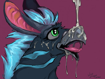beak blue_body blue_fur bodily_fluids cum cum_covered cum_drip cum_in_mouth cum_inside cum_on_face dripping female feral fur genital_fluids green_eyes long_ears messy smile solo tongue tongue_out winddragon mythology avian gryphon mythological_avian mythological_creature 4:3