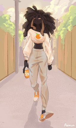 anthro beverage black_body black_fur black_hair black_nose bottomwear breasts brown_hair clothing cloud day detailed_background dreadlocks ear_piercing ear_ring female fence fur hair holding_beverage holding_object looking_up midriff multicolored_hair navel outside pants piercing ring_piercing shirt solo topwear two_tone_hair walking yellow_eyes ayshiun canid canine canis domestic_dog mammal poodle 3:5 absurd_res hi_res signature