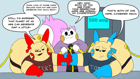 anthro big_butt black_bottomwear black_clothing black_sclera blue_cheeks blue_ears blue_hands blue_tail_tip bottomwear bottomwear_down butt check_up clothed clothing coat competitive curled_tail dialogue dipstick_tail electrical_plug electricity eyebrows floating_eyebrows grey_clothing grey_shirt grey_topwear group hand_holding inspection lying machine male markings medical narrowed_eyes on_front open_mouth pants pants_down partially_clothed pink_ears pink_markings pink_tail_tuft purple_clothing purple_coat purple_topwear raised_eyebrow red_bottomwear red_cheeks red_clothing red_ears red_hands red_shirt red_tail_tip red_topwear shirt sibling_rivalry simple_background small_tail speech_bubble tail tail_markings tail_tuft tan_body tan_tail teasing text topwear trio tuft white_body white_eyes white_tail wire yellow_cheeks chonkymouse nintendo pokemon nikki_(chonkymouse) tommy_(chonkymouse) zerek_(chonkymouse) generation_3_pokemon generation_4_pokemon minun pachirisu plusle pokemon_(species) 2025 colored dated english_description english_text hi_res signature watermark sibling_(lore) twins_(lore)