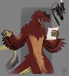 anthro electronics feathers featureless_crotch male microphone multicolored_body multicolored_feathers open_mouth paper solo teeth yellow_eyes cryptid_jhin dinosaur feathered_dinosaur feathered_scalie prehistoric_species proceratosaurid reptile scalie theropod yutyrannus absurd_res hi_res