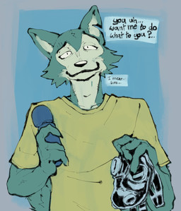anthro clothing countershading gimp_mask holding_object humanoid_hands looking_at_viewer male mask notched_ear scar sex_toy shirt smile solo t-shirt tail talking_to_viewer text topwear vibrator wand_vibrator a_guy_somewhere beastars legoshi_(beastars) canid canine canis mammal wolf english_text hi_res