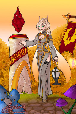 blonde_hair breasts cleavage clothed clothing dress ear_piercing female footwear green_eyes hair high_heels jewelry lamp lantern legwear necklace not_furry piercing shoes smile solo stockings azaleesh blizzard_entertainment warcraft blood_elf elf humanoid 2:3 hi_res