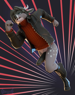 action_pose antlers big_penis boots bottomless clothed clothing erection footwear genitals horn jacket leather leather_clothing leather_jacket leather_topwear male penis pose ribbed_clothing ribbed_sweater running shoes solo speed_lines topwear gravvure deer mammal 2025 3d_(artwork) absurd_res digital_media_(artwork) hi_res