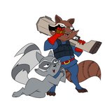 anthro armor belt cigar clothing duo fangs female gloves gun handwear leg_grab male pupils ranged_weapon rifle simple_background slit_pupils teeth weapon white_background lonbluewolf cartoon_hangover doctor_lollipop guardians_of_the_galaxy marvel coco_(doctor_lollipop) rocket_raccoon mammal procyonid raccoon 1:1 colored crossover hi_res