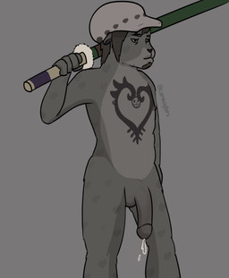 anthro ejaculation facial_hair flaccid genitals male melee_weapon nude penis solo sword tattoo weapon carmeyfurs trafalgar_law felid mammal pantherine snow_leopard absurd_res hi_res