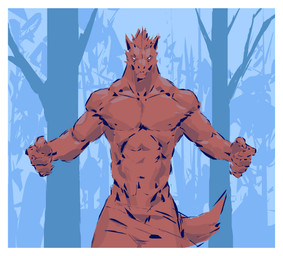 5_fingers anthro athletic athletic_anthro athletic_male blue_background border bottomwear claws clothed clothing finger_claws fingers flesh_fang forest_background front_view male mouth_closed plant pose simple_background snout solo tail thick_neck three-quarter_view topless topless_anthro topless_male tree white_border kingarthur_i ambiguous_species 2023 digital_drawing_(artwork) digital_media_(artwork) hi_res restricted_palette sketch