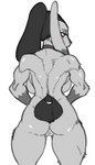 anthro back_boob back_muscles biped black_body black_fur black_hair black_tail breasts butt choker choker_only dark_hair dark_tail dipstick_ears ear_markings female female_anthro floppy_ears fur genitals gloves_(marking) grey_body grey_choker grey_fur grey_jewelry grey_necklace hair half-closed_eyes jewelry kemono long_ears long_hair markings monotone_choker monotone_hair monotone_tail multicolored_body multicolored_ears multicolored_fur muscular muscular_female narrowed_eyes necklace necklace_only nude pink_nose ponytail pussy rear_view red_eyes scut_tail short_tail simple_background solo standing surgical_suture tail two_tone_body two_tone_fur white_background kazuhiro lagomorph leporid mammal rabbit 2022 digital_media_(artwork) portrait three-quarter_portrait