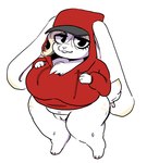 anthro big_breasts big_ears black_eyes blonde_hair bottomless breasts buckteeth clothed clothing curvy_figure eyelashes female floppy_ears front_view fur genitals hair hand_on_chest hoodie huge_breasts long_ears looking_back lop_ears overweight overweight_anthro overweight_female pink_nose pussy red_clothing red_hoodie red_topwear short_stack simple_background solo teeth thick_thighs topwear voluptuous white_background white_body white_fur wide_hips anaugi lagomorph leporid mammal rabbit 2025 hi_res