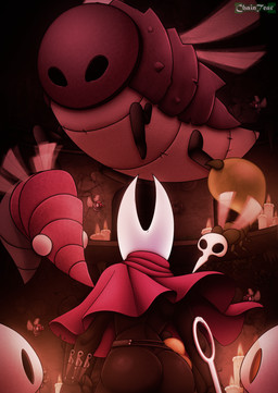 2_horns ambiguous_gender biped butt female feral flying group holding_melee_weapon holding_object holding_weapon horn looking_at_another melee_weapon sharp_teeth standing teeth weapon wings chaintear hollow_knight:_silksong hollow_knight_(franchise) team_cherry hornet_(hollow_knight) arthropod driznarga driznit humanoid order_of_karak savage_beastfly spit_squit tarmite 2025 absurd_res hi_res