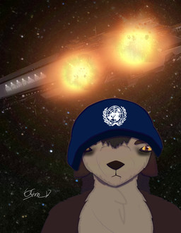 anthro armor blank_stare brown_body brown_fur combat_stress cosmic_background explosion floppy_ears fur headgear headgear_only helmet helmet_only male planet quills_(anatomy) ship solo space space_background spacecraft tan_body tan_fur thousand_yard_stare traumatized united_nations vehicle warship watercraft ostro_17 helldivers marines_call_it_that_2000_yard_stare the_nature_of_predators sovlin_(the_nature_of_predators) alien gojid_(the_nature_of_predators) mammal hi_res