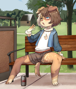 5_fingers anthro arm_tuft balls barefoot barely_visible_genitalia barely_visible_penis bench beverage_can biped blue_clothing blue_eyes blue_jacket blue_topwear bottomwear brown_bottomwear brown_clothing brown_eyes brown_shorts can clothed clothing container detailed_background facial_markings fanning feet fingers flaccid fur fur_tuft genitals gesture hair hand_gesture head_markings heterochromia jacket leaf male markings multicolored_body multicolored_ears multicolored_fur multicolored_hair multicolored_tail neck_tuft no_underwear ok_sign open_mouth outside penis plant shirt shorts sitting solo spread_legs spreading tail teeth toes tongue topwear tree tuft two_tone_hair wardrobe_malfunction white_clothing white_shirt white_topwear wrist_tuft young young_anthro young_male aogami coca-cola percy_(primeambition) canid canine mammal 2019 hi_res