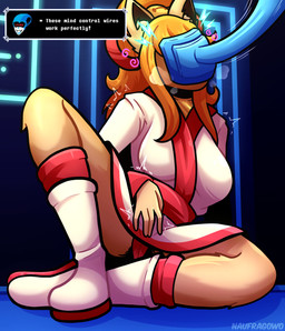 anthro asian_clothing big_breasts breasts clitoral clitoral_masturbation clothed clothing controller east_asian_clothing female hypnosis japanese_clothing masturbation masturbation_through_clothing mind_alteration mind_break mind_control mindfuck panties pantyshot_(sitting) solo spread_legs spreading text underwear naufragowo deltarune undertale_(series) undertale_yellow ceroba_ketsukane queen_(deltarune) canid canine fox mammal 2025 absurd_res english_text hi_res