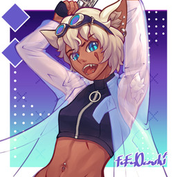 armpit_hair athletic athletic_female barbell_piercing blue_eyes body_hair clothing coat crop_top cute_fangs cyberpunk dark_body dark_skin excited excited_expression eyewear fangs female goggles gun hair hand_behind_head handgun heart_eyes heart_symbol looking_at_viewer navel navel_piercing open_mouth piercing pistol ranged_weapon scar shirt simple_background smile solo teeth topwear translucent translucent_clothing weapon white_hair zipper fufudanshi michiko_(fufudanshi) animal_humanoid domestic_cat felid feline felis humanoid mammal 1:1 absurd_res digital_media_(artwork) digital_painting_(artwork) hi_res painting_(artwork)