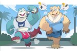 anthro blue_body clothing duo fur jogging male multicolored_body multicolored_fur muscular muscular_anthro muscular_male outside palm_tree plant shirt short sky tank_top topwear tree yellow_body yellow_fur hikazedragon bear fish mammal marine shark hi_res