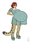 anthro belly big_belly blue_clothing blue_footwear blue_topwear cheek_tuft clothed clothing facial_tuft female footwear fur glistening glistening_eyes green_eyes hair huge_belly logo markings open_mouth pregnant pregnant_anthro pregnant_female red_hair simple_background solo spotted_arms spotted_legs standing striped_markings striped_tail stripes tail tail_markings tan_body tan_fur topwear translucent translucent_clothing translucent_topwear tuft white_background white_body white_fur milk-jug felid mammal artist_logo full-length_portrait hi_res portrait