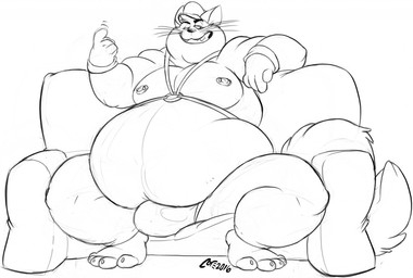 anthro belly big_belly bulge clothing furniture gloves handwear harness hat headgear headwear male nipple_piercing nipples obese obese_male overweight overweight_male piercing sitting smile sofa solo underwear whiskers c-trigger domestic_cat felid feline felis mammal monochrome