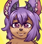 anthro brown_body brown_fur female front_view fur grey_horn hair horn inner_ear_fluff lips looking_at_viewer mouth_closed pink_eyes pink_inner_ear purple_ears purple_hair simple_background solo thick_bottom_lip tuft white_inner_ear_fluff riddlr bust_portrait portrait