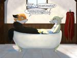 2018 anthro arms_in_water bathtub bent_arm bent_leg bent_legs blonde_hair breasts canid canine canis carver_(twokinds) chest_tuft claw_foot_bathtub clothed clothed/nude clothed_male clothing clovis_(twokinds) crossgender detailed_background dialogue digital_media_(artwork) duo english_text extended_arm extended_arms featureless_breasts female fox fur gloves_(marking) hair hi_res hybrid infinitedge keidran knee_out_of_water knees_out_of_water leg_markings leg_out_of_water legs_out_of_water linked_speech_bubble male mammal markings mtf_crossgender name_drop name_in_dialogue nude over_edge partially_submerged planted_legs red_eyes speech_bubble supported_tail tail_out_of_water tail_over_edge tan_body tan_fur text tuft twokinds up_and_over water wet white_body white_fur wolf yellow_sclera