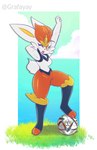 anthro bodily_fluids breasts cloud female fur grass plant sky soccer solo sport sweat white_body white_fur grafayay nintendo pokemon cinderace generation_8_pokemon pokemon_(species) hi_res