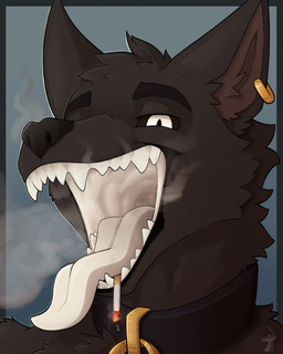 anthro black_body black_fur cigarette collar fur lit_cigarette looking_at_viewer male mouth_shot open_mouth smoke smoke_from_mouth smoking smoking_cigarette solo tongue tongue_out white_internal arkailart canid canine canis mammal wolf absurd_res hi_res