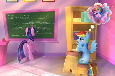 blue_body blush butt chalkboard classroom daydream detailed_background duo eyelashes feathered_wings feathers female female/female feral hair horn inside multicolored_hair pupils purple_body quadruped school smile tail text wings darksly-z friendship_is_magic hasbro my_little_pony mythology rainbow_dash_(mlp) twilight_sparkle_(mlp) equid equine mammal mythological_creature mythological_equine pegasus winged_unicorn 3:2 english_text hi_res