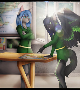 anthro clothed clothing crossed_arms duo feathered_wings feathers female fully_clothed furniture inside map open_window standing table teeth window wings alenkavoxis bia_athroica nurina_athroica canid canine felid hybrid mammal 2015 hi_res letterbox