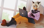 anthro big_breasts biped bottomwear breasts cellphone clothed clothing computer detailed_background electronics eyewear female glasses hair holding_cellphone holding_object holding_phone inside laptop open_mouth phone pupils shirt skirt smile solo thick_thighs three-quarter_view topwear emmyliquid ailurid mammal red_panda hi_res