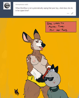 ambiguous_gender anthro bdsm bondage bound breasts caption collar dildo dominant dominant_female duo eyewear female fur nipples open_mouth sex_toy simple_background strapon sunglasses newd anon dearest_deer deer mammal