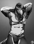 abs anthro beak bulge clothing half-closed_eyes hands_behind_head harness jockstrap looking_at_viewer male muscular muscular_anthro muscular_male narrowed_eyes solo underwear dbruin avian bird corvid corvus_(genus) crow oscine passerine greyscale hi_res monochrome