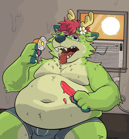 accessory air_conditioner anthro antlers arm_tuft belly belly_tuft big_belly biped bulge cheek_tuft chest_tuft claws countershade_face countershade_fur countershade_legs countershade_thighs countershade_torso countershading dipstick_ears ear_markings ear_tuft electric_fan eyebrows facial_tuft finger_claws fingerless_(marking) flower flower_in_hair food fur green_body green_fur green_nose hair hair_accessory holding_food holding_object horn leg_tuft male moobs multicolored_ears navel overweight overweight_anthro overweight_male plant popsicle purple_eyelids red_hair sharp_teeth shoulder_tuft solo teeth tongue tongue_out tuft raccsnacc russelbuck_(character) canid canine canis deer domestic_dog hybrid mammal 2025 hi_res signature
